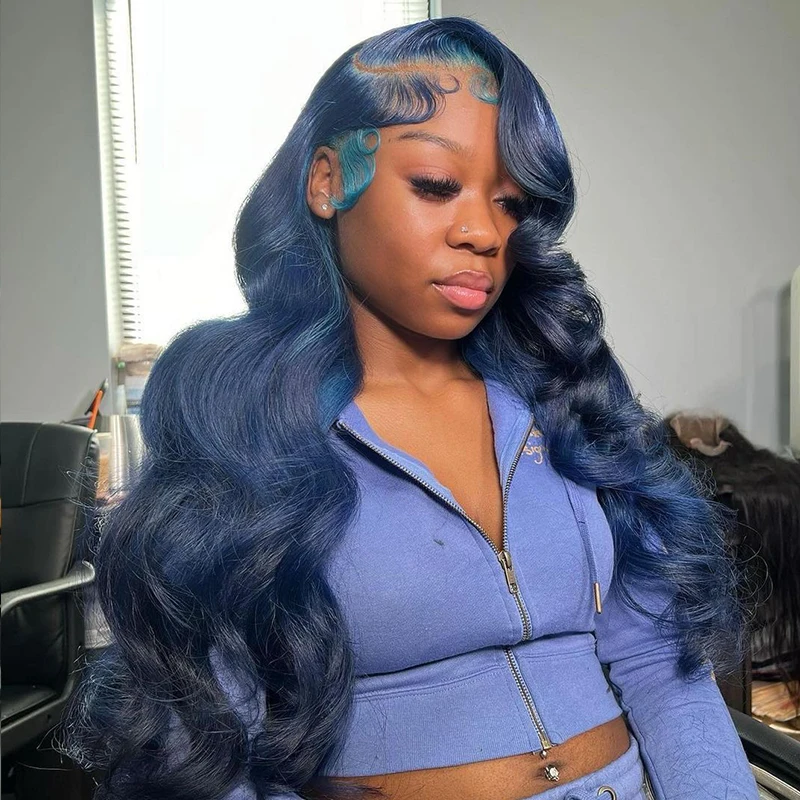 

Dark Night Blue Transparent Lace Frontal Body Wave Synthetic Hair Wig Blue Color Pre Plucked 13x4 Lace Frontal Wigs for Women