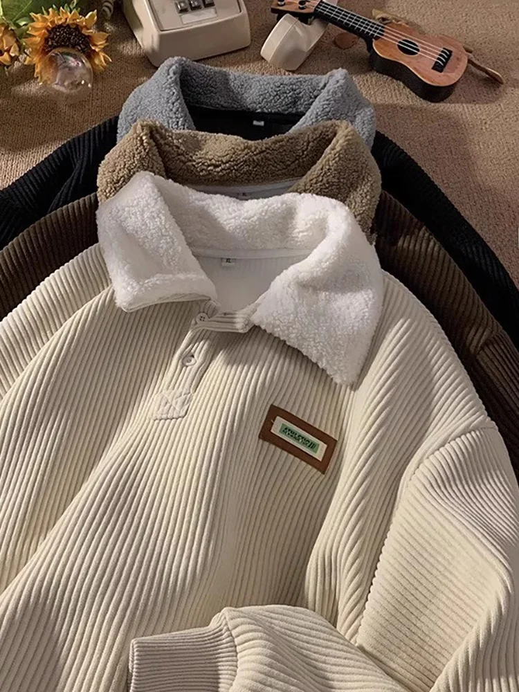 

Мужская утепленная вельветовая толстовка с воротником, оверсайз, теплая, осенне-зимняя одежда, из полиэстера, с длинными рукавами, в уличном стиле