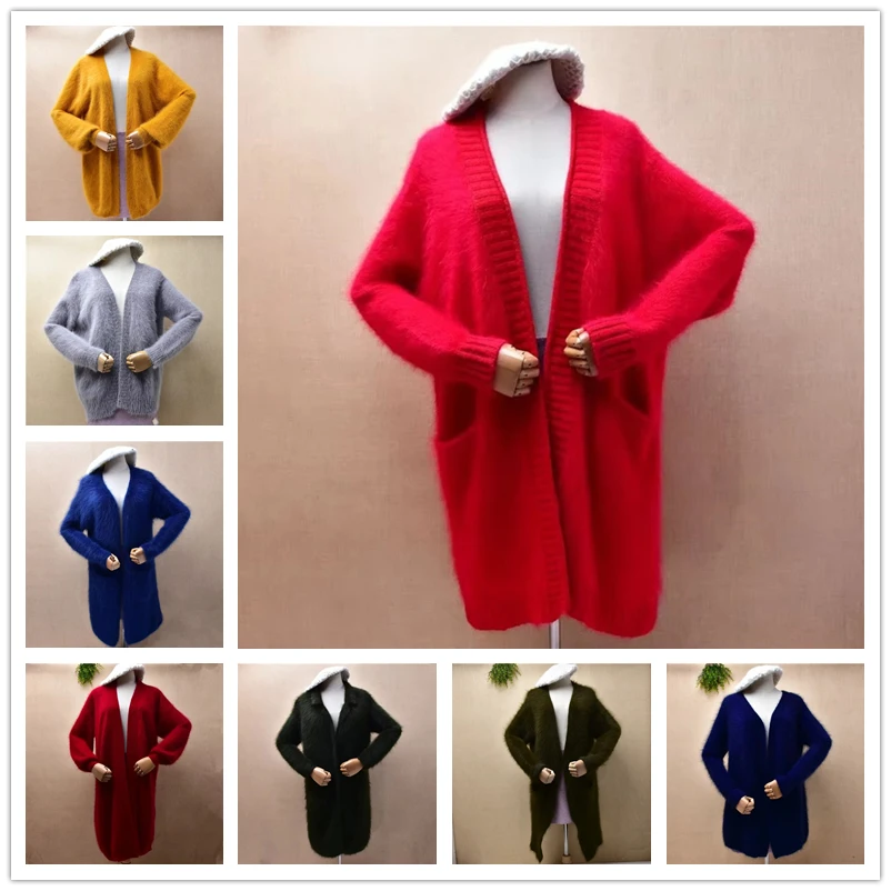 

Женская осенне-зимняя одежда Mujer, красный волосатый норковый кашемировый вязаный свободный кардиган с длинными рукавами, мантия, свитер из ангорского меха, куртка