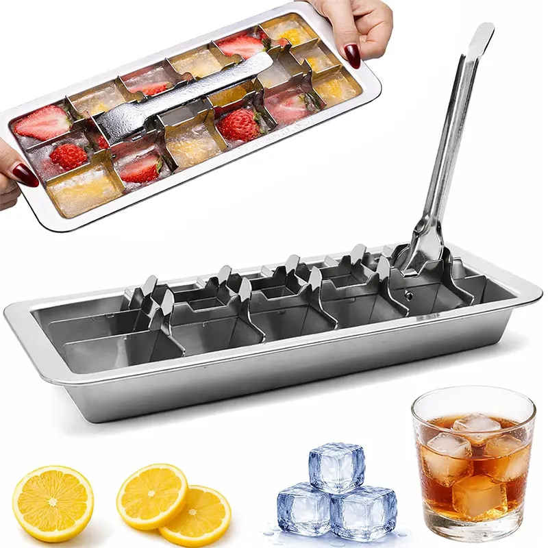 18-Slot Stainless Steel Polished Ice Cube Tray with Lever Insert Easy Release Ice Cube Maker Mold Freezer Ice Cube Tray Bar Tool