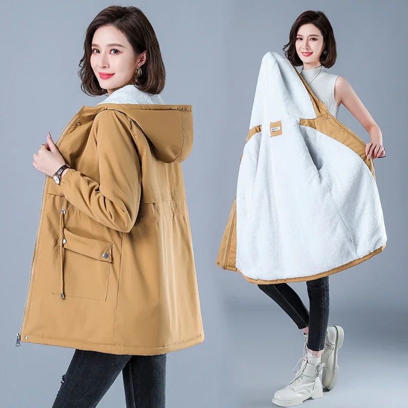 

Winter New Jacket Cotton Warm Puffer Coat Women Casual Parkas with Lining Plush Hooded Trench Outwear Female Clothes