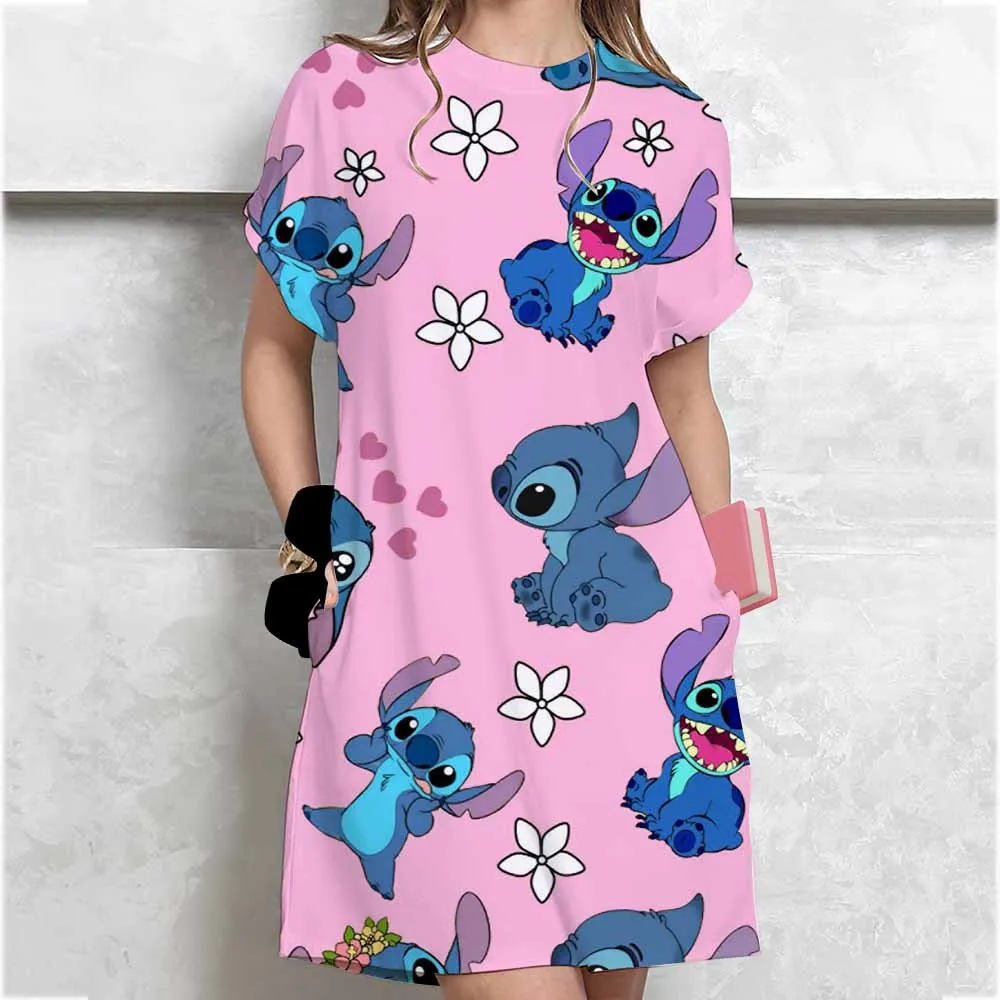 Abito alla moda in colori puri da donna con stampa Disney Stitch T-shirt stile mini abiti estivi abiti casual larghi