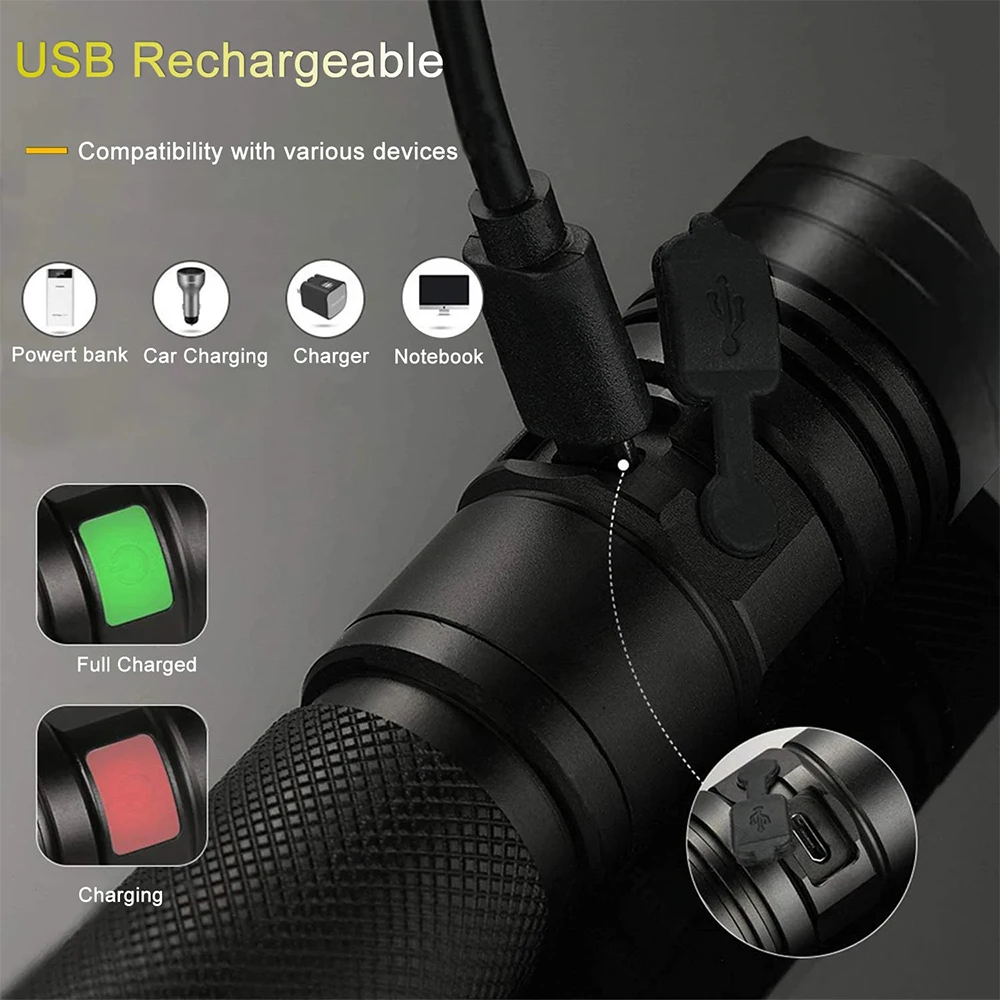 Powerful LED Flashlight Portable Hand Lantern Waterproof 5 Modes Zoom Torchlight Super Bright Torch USB Rechargeable Emerency