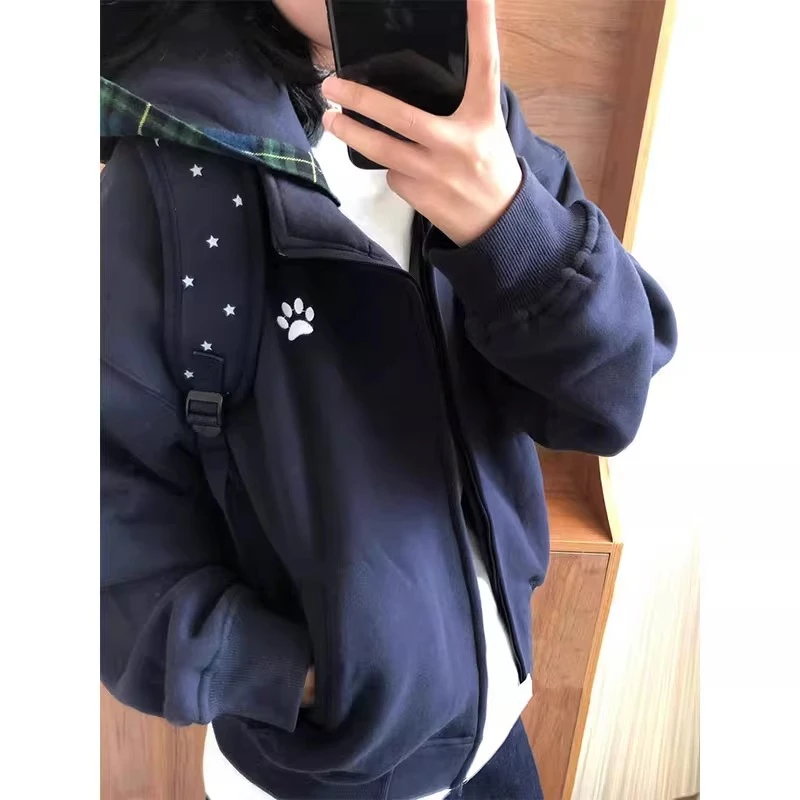 

American Style Retro Plaid Hoodie Jacket Women's Casual Top Small Size Autumn Winter Loose Fit Sweatshirt Outerwear