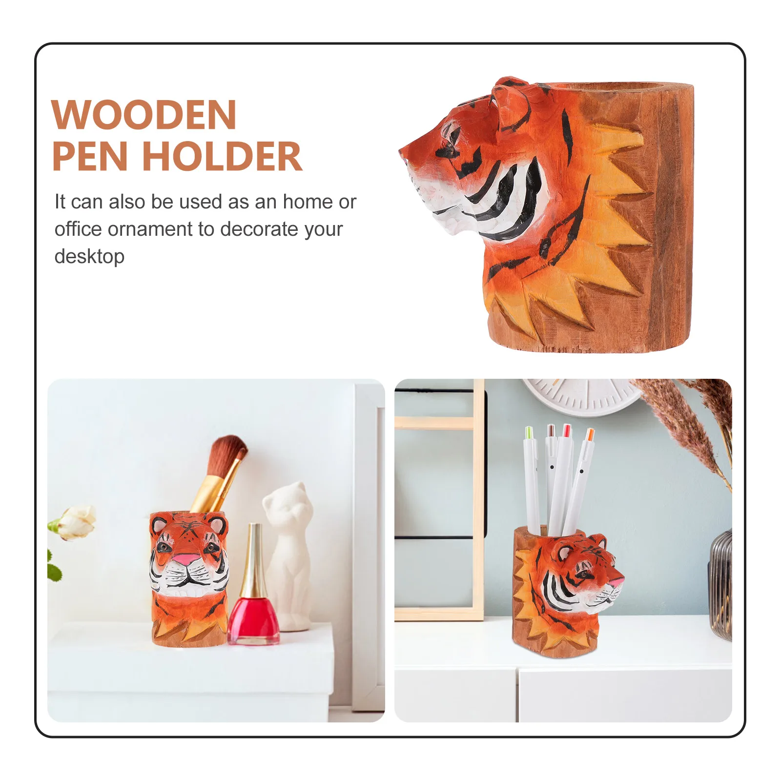 

Tiger Pen Holder Wooden Desk Organizer for Pens Pencils Cup Multi Purpose Home Office School Use Stationery