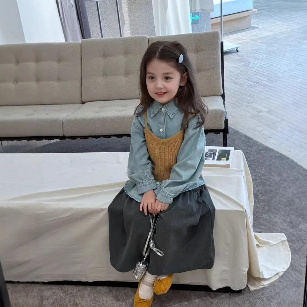 

Tops Pants Set Cowboy Shirt Fashionable Korean Autumn New Children Sweet Cotton Cute Solid Casual Turn-down Collar