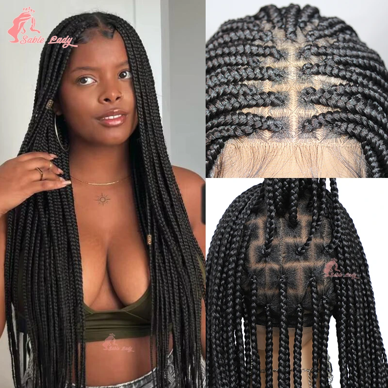 Wig kepang kotak sintetis 36 "untuk wanita warna hitam kepang Cornrow Wig depan renda penuh tanpa simpul Wig rambut kepang Afrika renda penuh