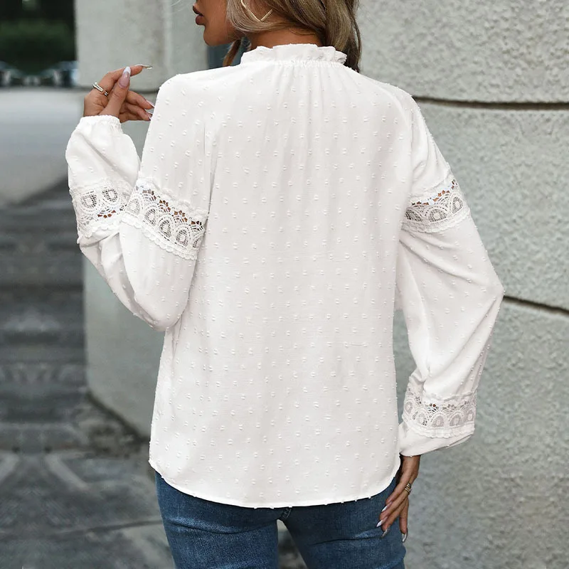 Autumn New Long Sleeve Patchwork Jacquard Shirt, European and American Solid Color Loose Lace Hollow-up Pullover Shirt Women