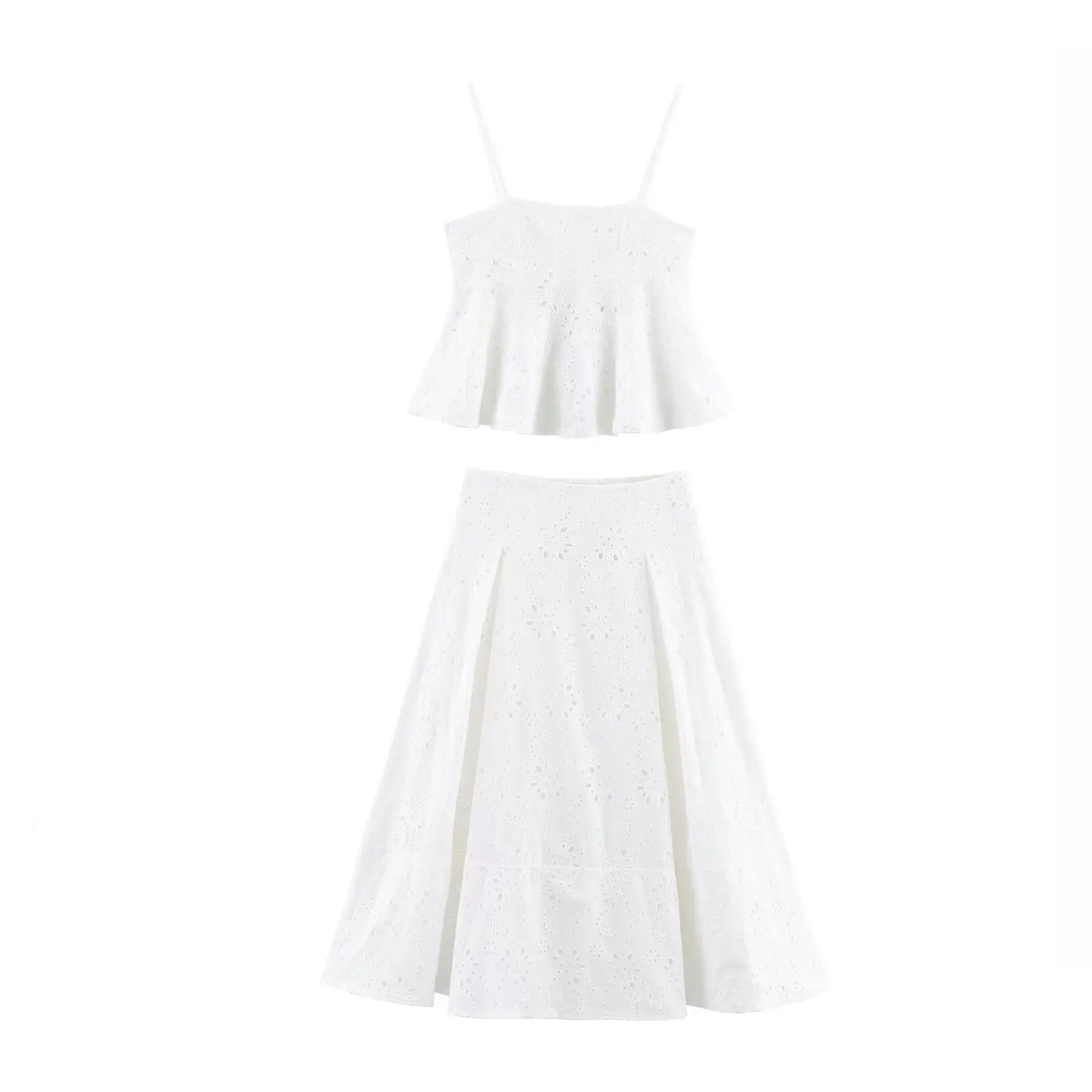 HH Women's Elegant Summer Solid Embroidery Suit Sleeveless Suspender Wavy Wide Hem Top+High Waist A-line Pleated Cloak Skirt