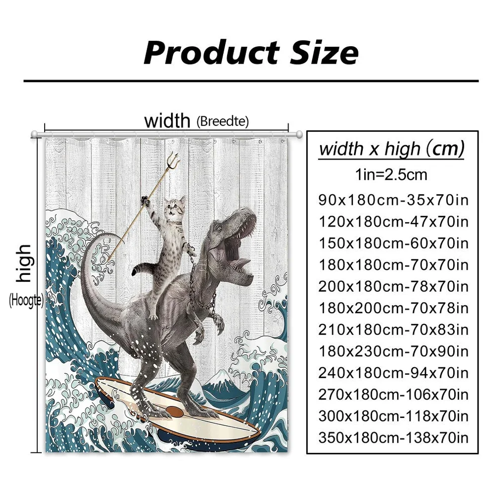 Funny Shower Curtain Brave Cat Cartoon Shower Curtain Waves Ocean Decor Fabric Shower Curtain Set with Hooks Bathroom Decoration