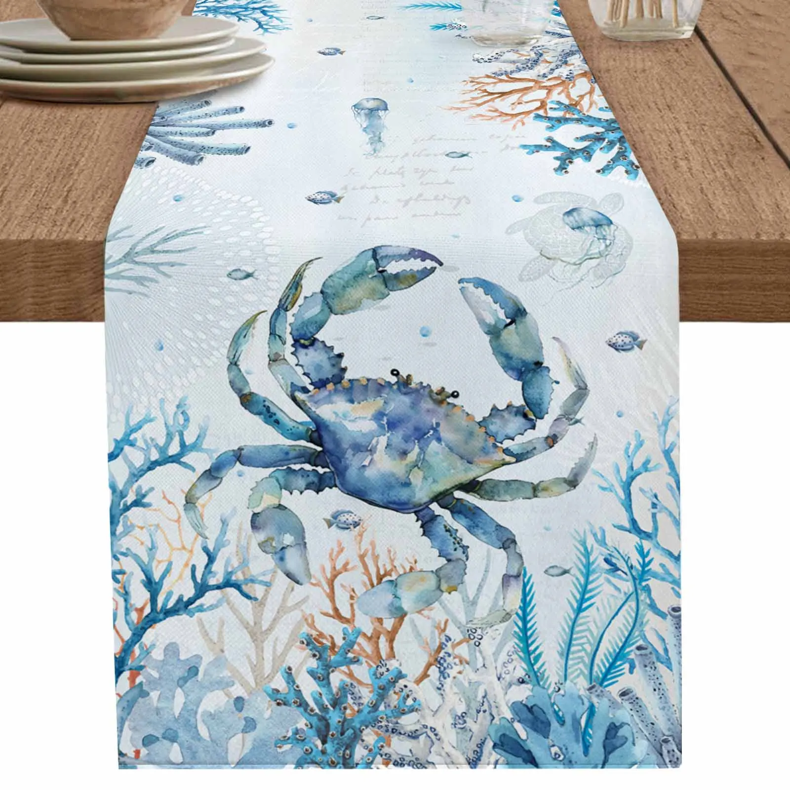 Organisms Coral Blue Crabs Starfish Jellyfish Runner Wedding Decor Table Cover Holiday Party Coffee Table Decoration Tablecloth