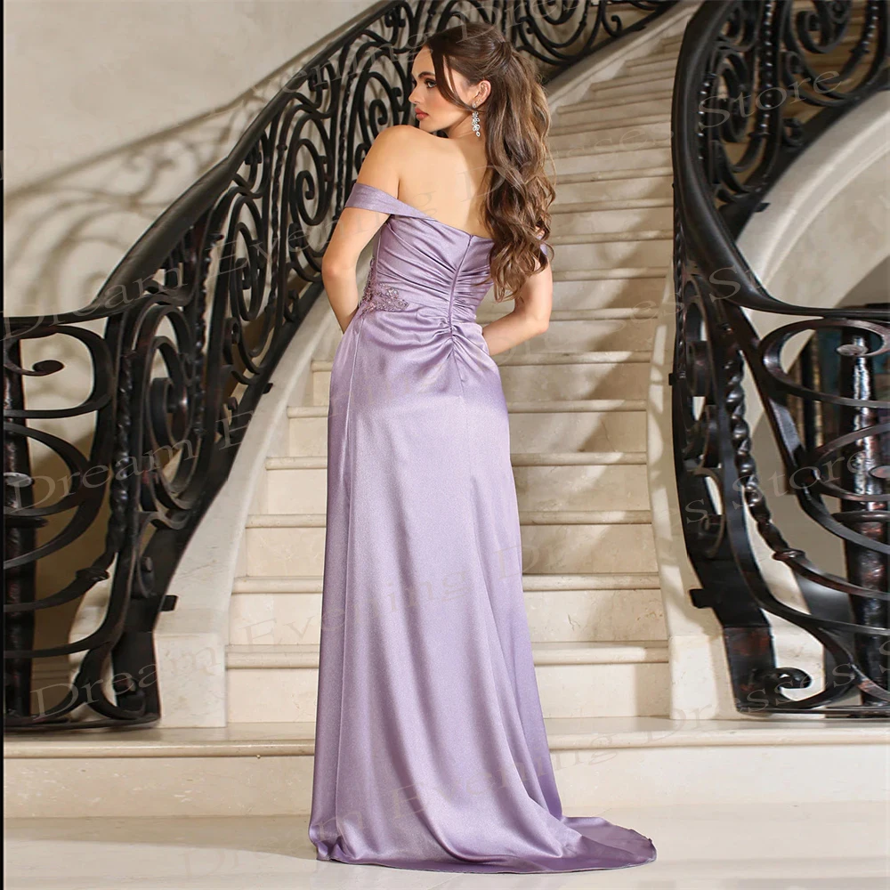 Gorgeous Simple Satin Purple Evening Dresses A Line Off The Shoulder Sweetheart Prom Gowns Side Slit Zipper Vestidos De Fiesta