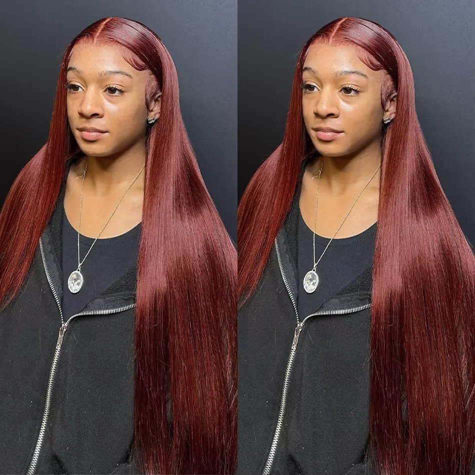 Burgundy Lace Front 100% Human Hair Wigs Red Colored 99j Straight 13x4 13x6 HD Tranparent Lace Frontal Lace Wig For Women