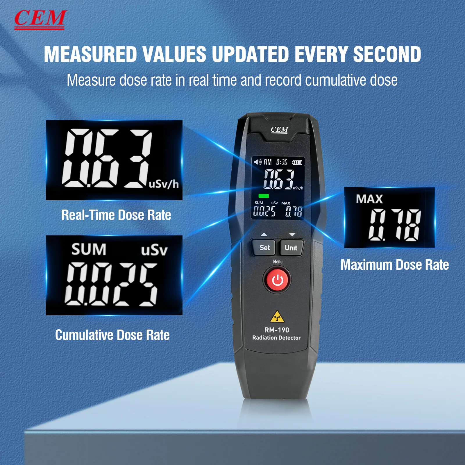 CEM Geiger Counter كاشف الإشعاع النووي المياه النووية كشف المأكولات البحرية مقياس الجرعات الإشعاعية مع شاشة LCD، هان المحمولة #6