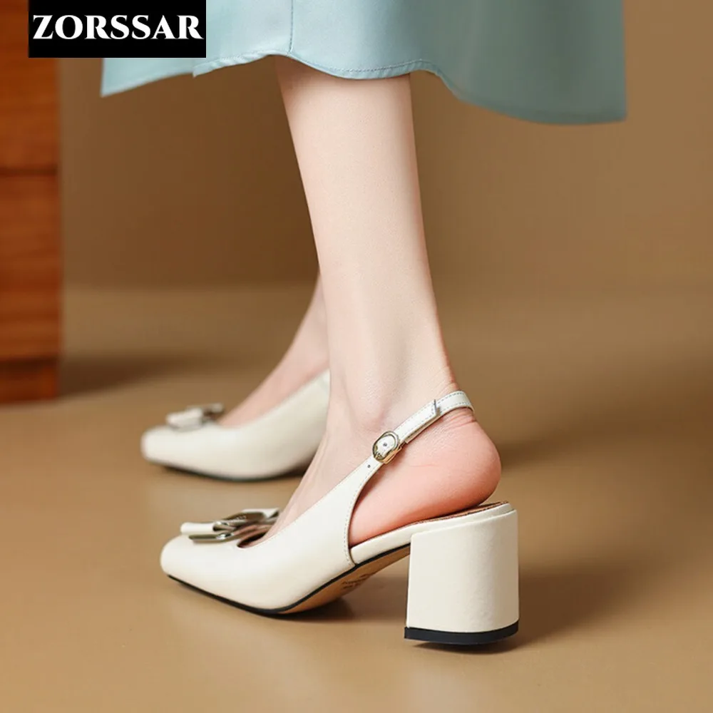 2024 Women Summer Genuine Leather Slingback Pumps Office Lady Square Heels Sandals Elegant Square Toe Female Sexy High Heels