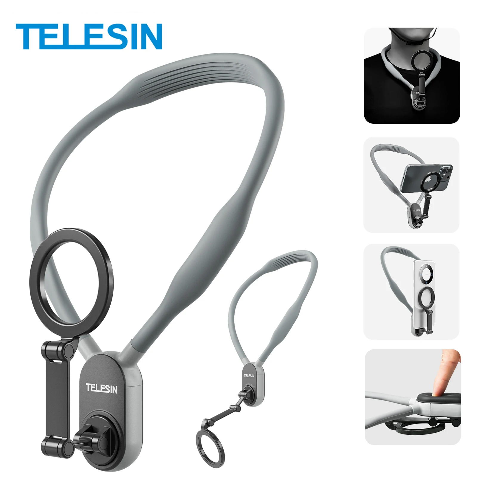 TELESIN Silicone Neck Hold Mount Magnetic Selfie Stick Tripod For Cellphone For iPhone 16 15 14 13 12 Pro Max For HUAWEI SAMSUNG