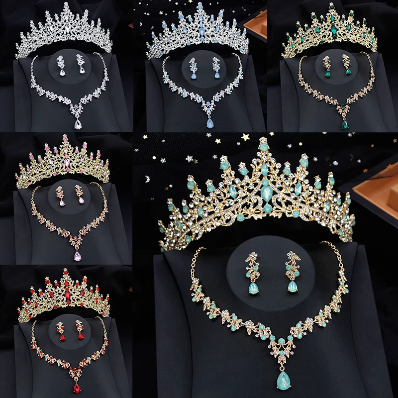 

Baroque Green Color Crystal Bridal Jewelry Sets Bride Tiaras Crown Necklace Earrings Wedding Dubai Jewelry Set for Party Prom