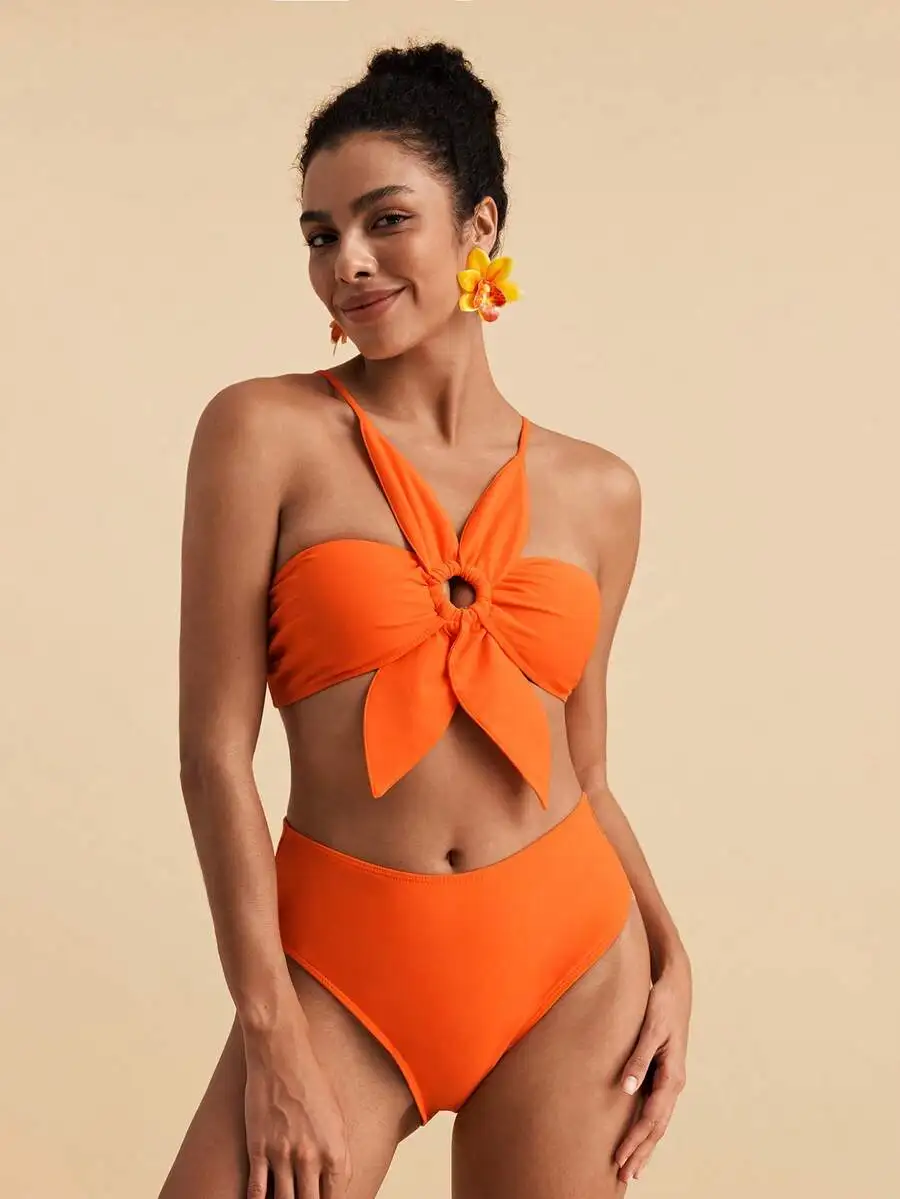 

Womens Orange Ruched Halter Knot Bikini Set Summer Beach Swimwear