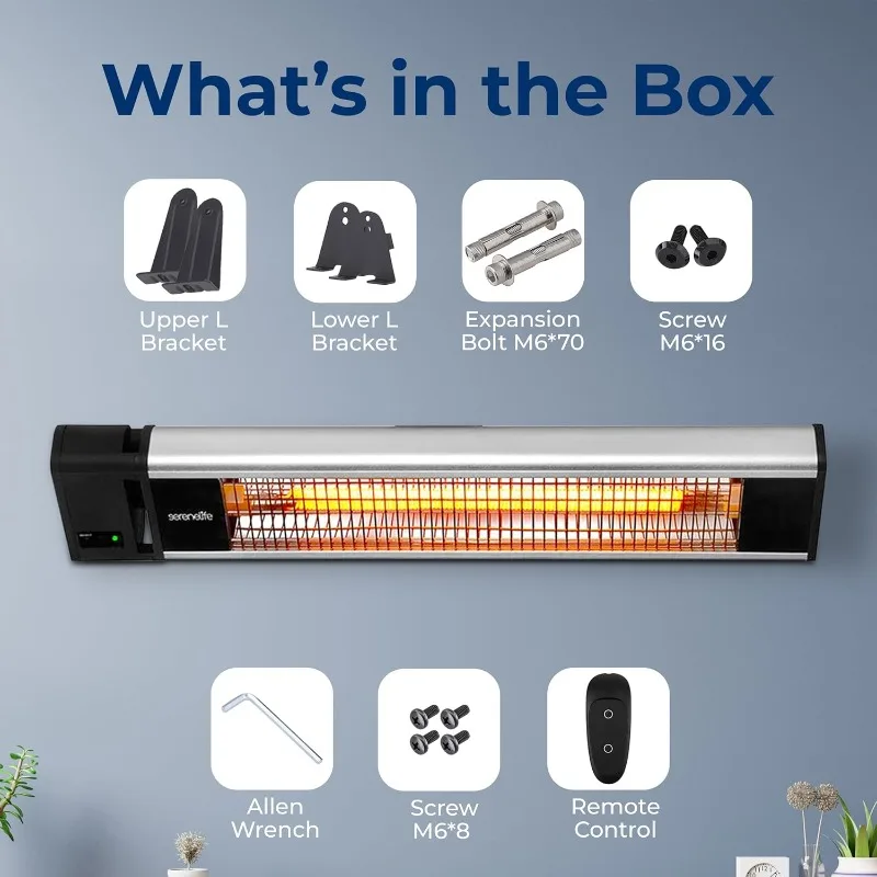적외선 파티오 히터, 1500W, IP65 승인, 무취, 원격 기능이 있는 벽걸이형 전기 히터, 실내/실외 P용