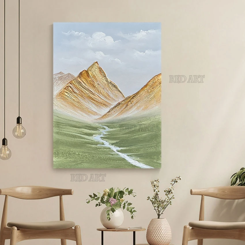 Hand Painted Golden Mountain Landscape Oil Painting, Texture Acrylic Artwork, Crafts, Modern Murals Wall Art,  Frameless