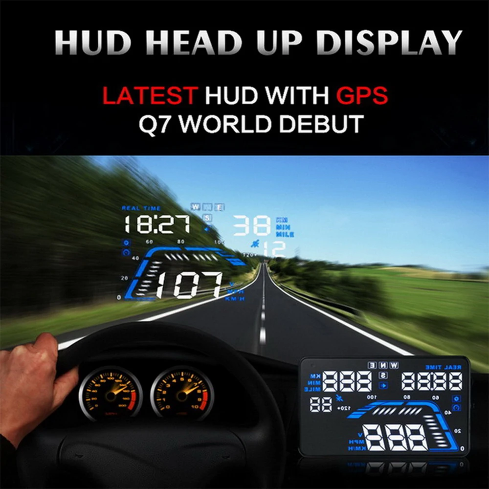 Carro hud display multi cor hud gps pára-brisa projetor universal novo q7 5.5 "medidores de velocidade painel aviso sobrevelocidade