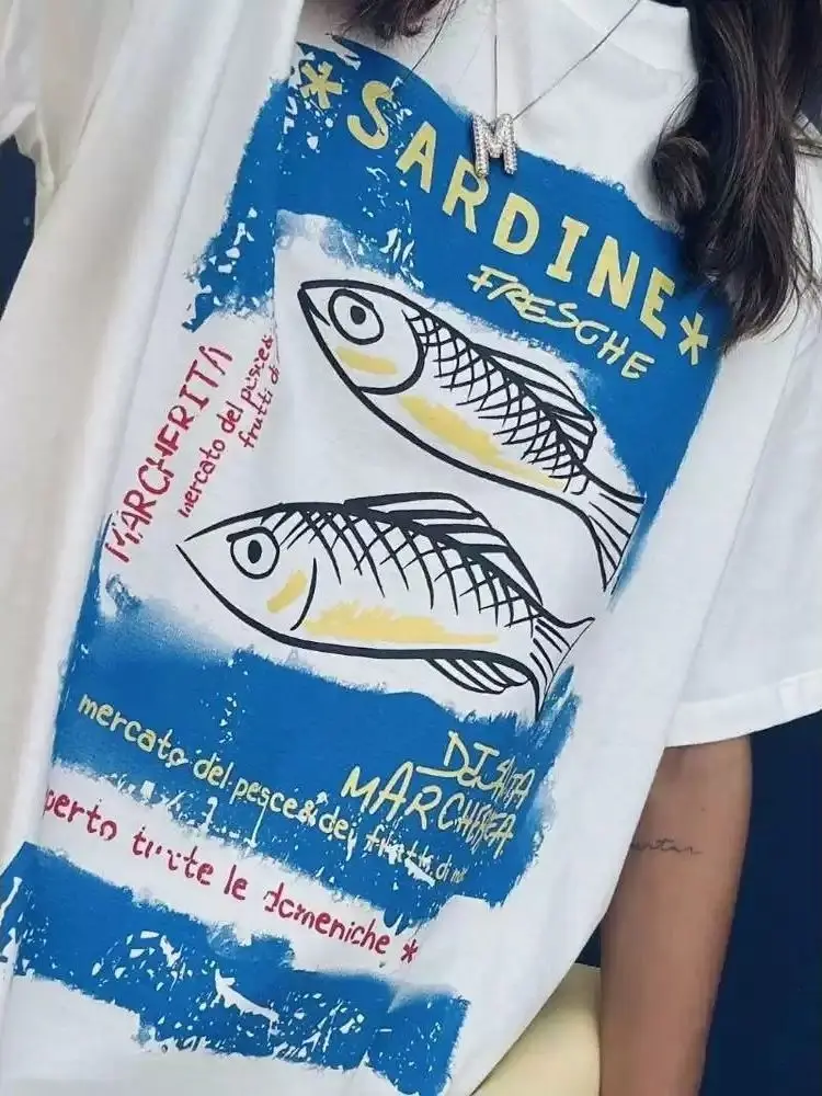 Vintage Sardine Fish Italian Text Print Cotton T-Shirt Women Blue Graphic Loose Crew Neck Short Sleeve Coastal Casual Top Street