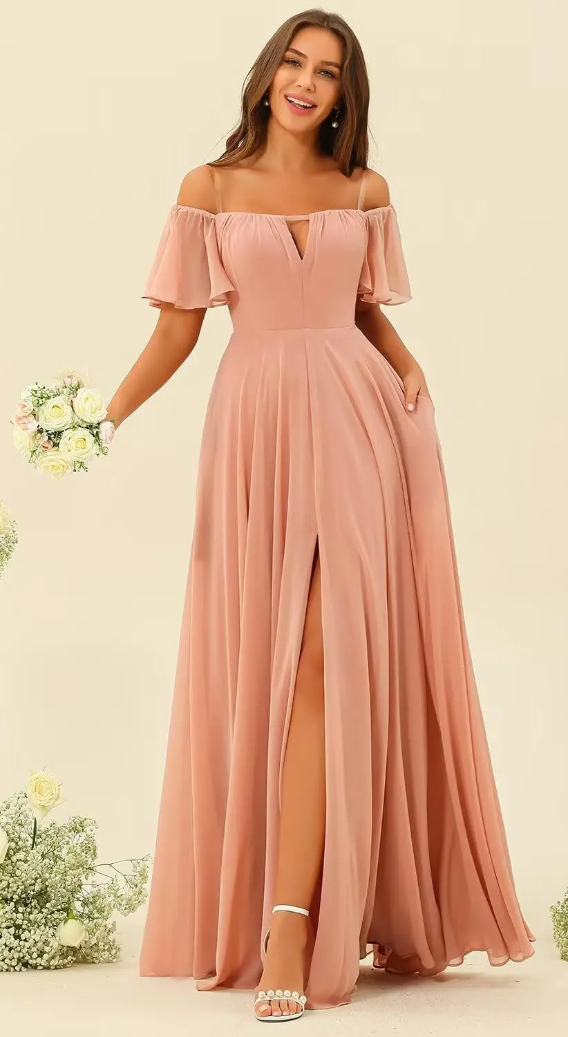 Uit de schouder chiffon bruidsmeisjesjurk Split A-lijn plooien bruidsmeisjesjurk lang voor dames met zakken Avondjurken