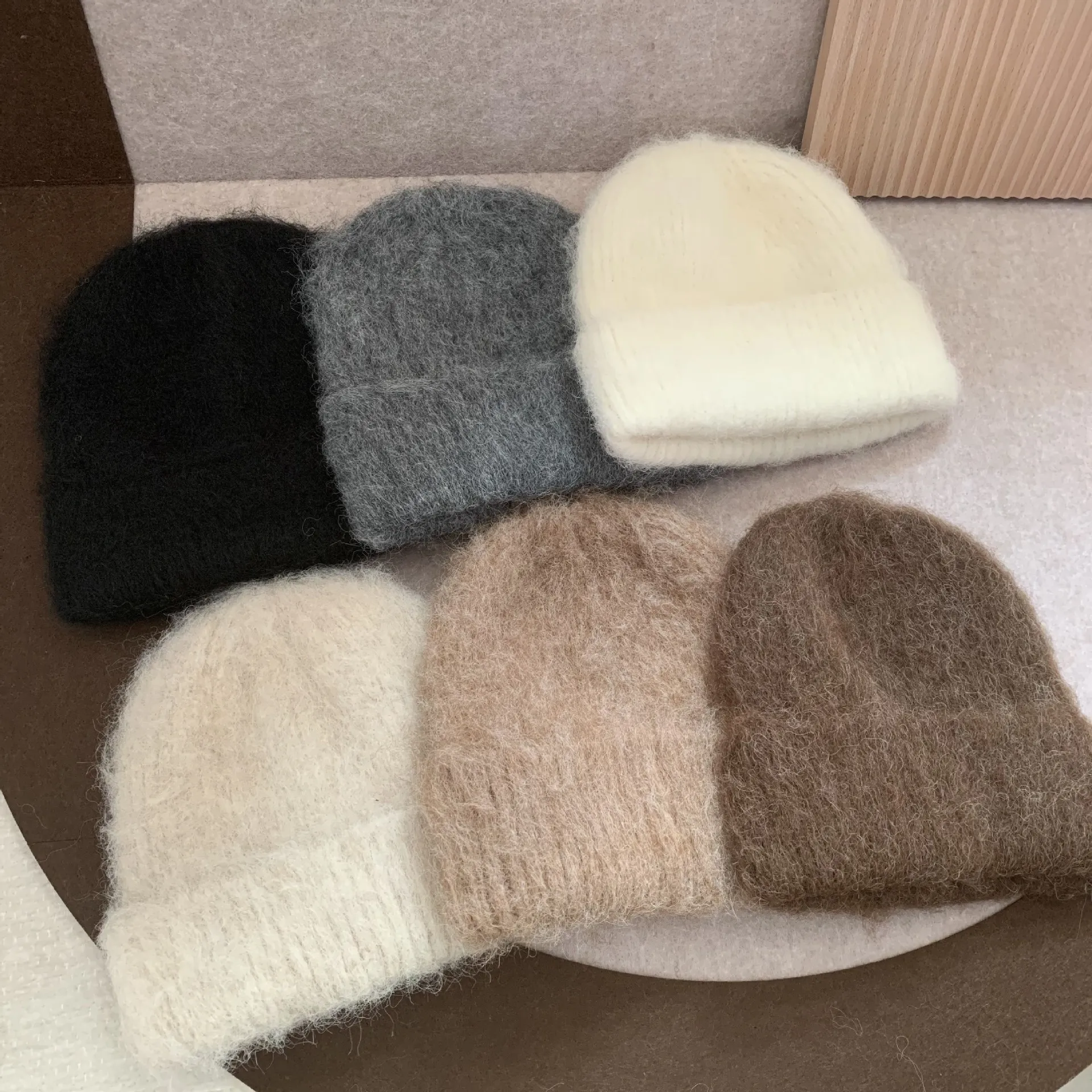 Fluffy Alpaca Wool Beanies Women Warm Knitted Hat Winter Solid Bonnet Hat Female