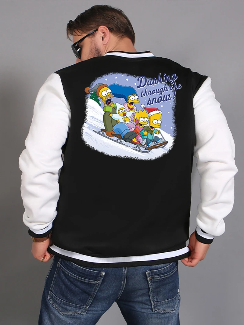 

The Simpsons Men's Baseball Jacket, Parent-child Sled Print Pattern Text, Men's Casual Color-blocked Baseball Jacket Jacket