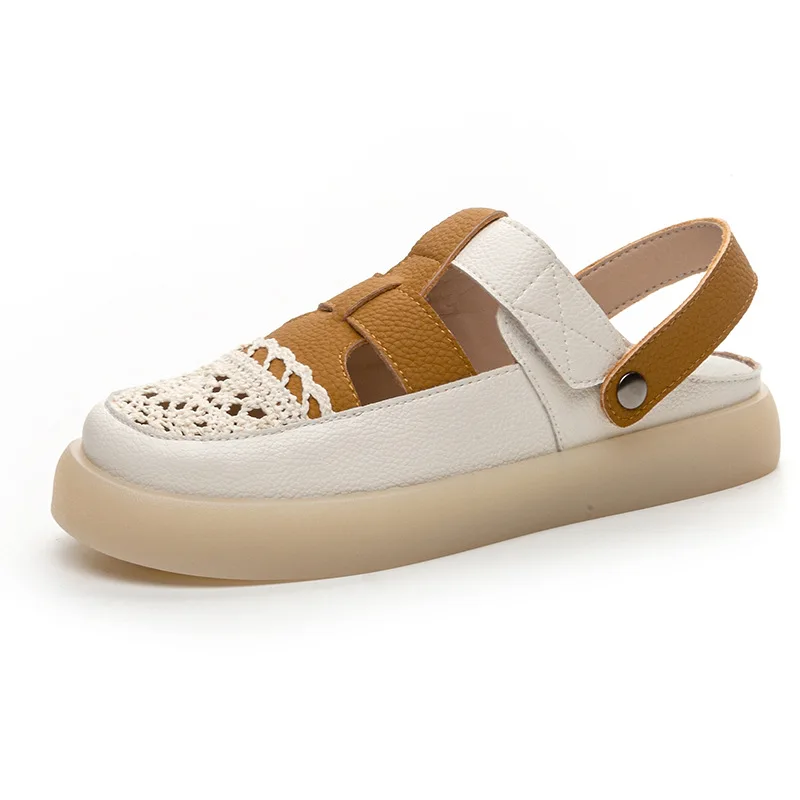 

GKTINOO Genuine Leather Roman Sandals 2025 Summer Women Sneakers Closed Toe Comfortable Hollow Soft Sole Mom Shoes Plus Size