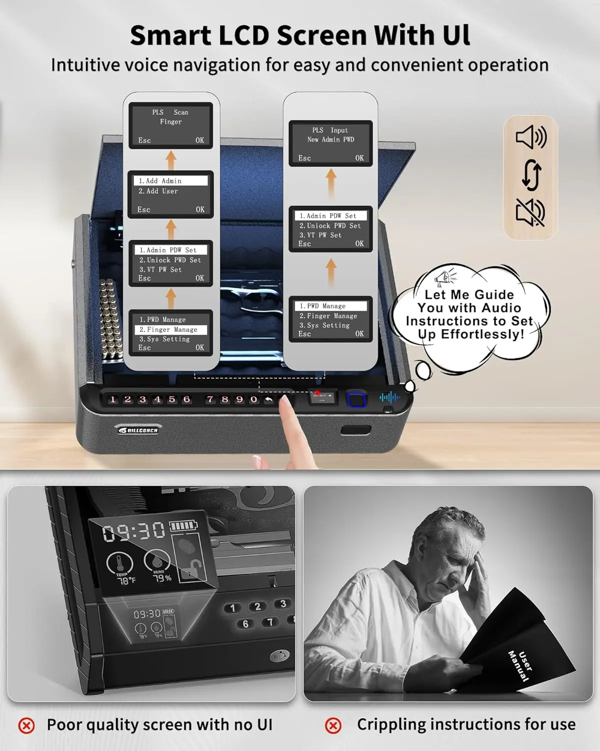 Smart Gun Safe with Security Cable - 4 Ways Quick Access with Fingerprint/PIN/Key/App Lock