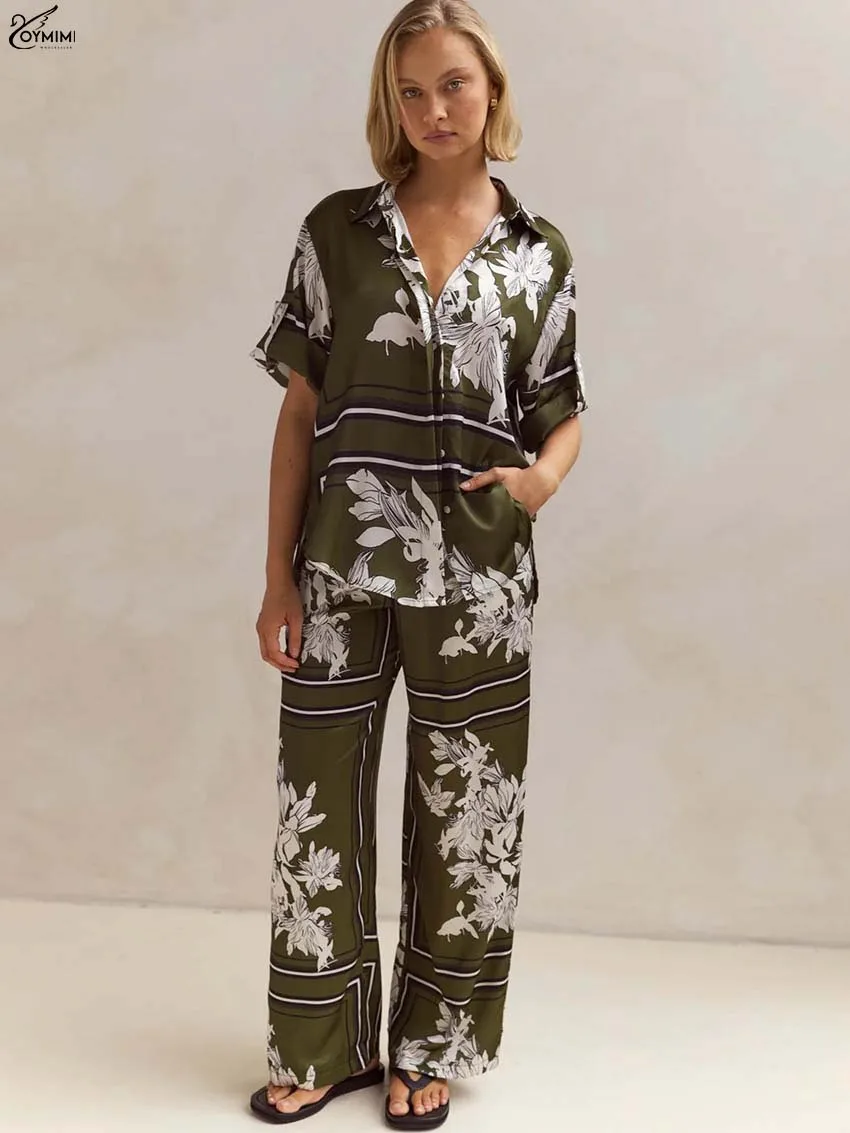 

Oymimi Elegant Green Print 2 Pieces Set For Woman Fashion Lapel Short Sleeve Button Shirts And Drawstring Pockets Trousers Sets