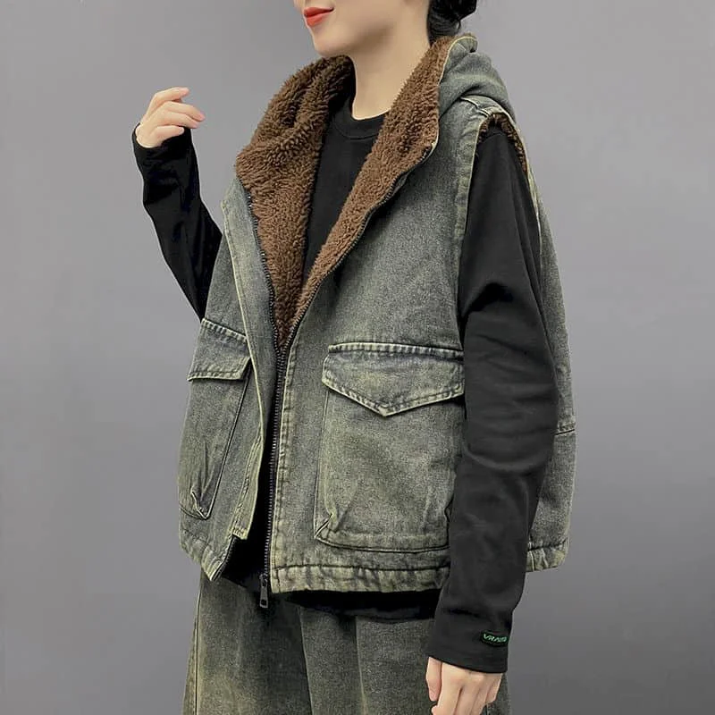 Denim Waistcoats for Women Vests Fleece Hooded Casual Sleeveless Cardigans Oversized Thickened Jackets Korean Style Women Tops