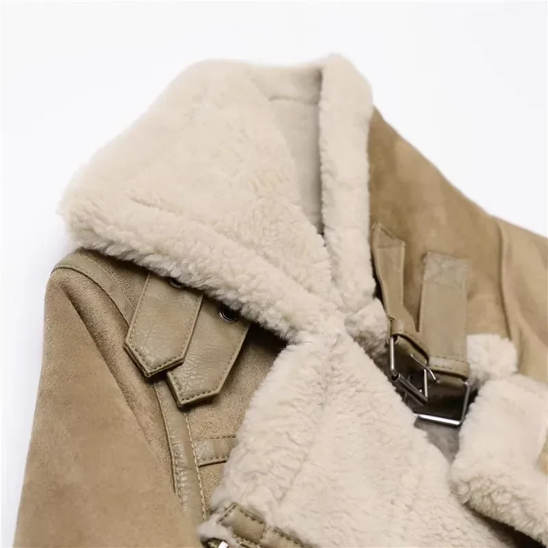 Winter Women Thick Warm Suede Lamb Jacket Short Motorcycle Brown Coats Faux Shearling Sheepskin Leather Jackets Outwear