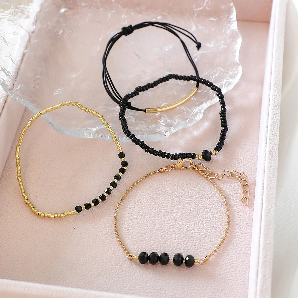 4Pcs/Set A new fashion vintage black crystal hand bracelet with hand-woven beaded simple niche women's bracelet image 5