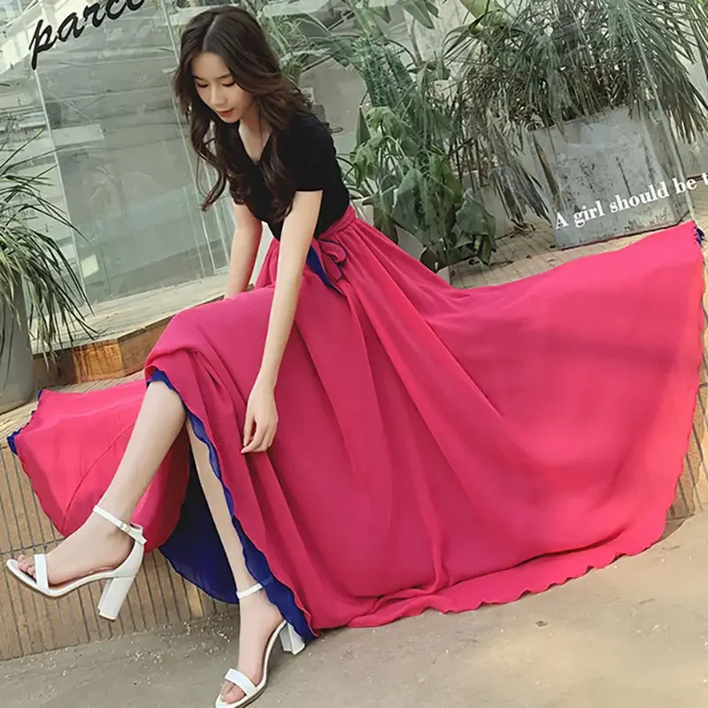 720 Double-Sided Half-Length Chiffon Long Dress Xinjiang Dance Red Dress Reversible Two-Way Wear Dance Long Dress Large Wide Ski