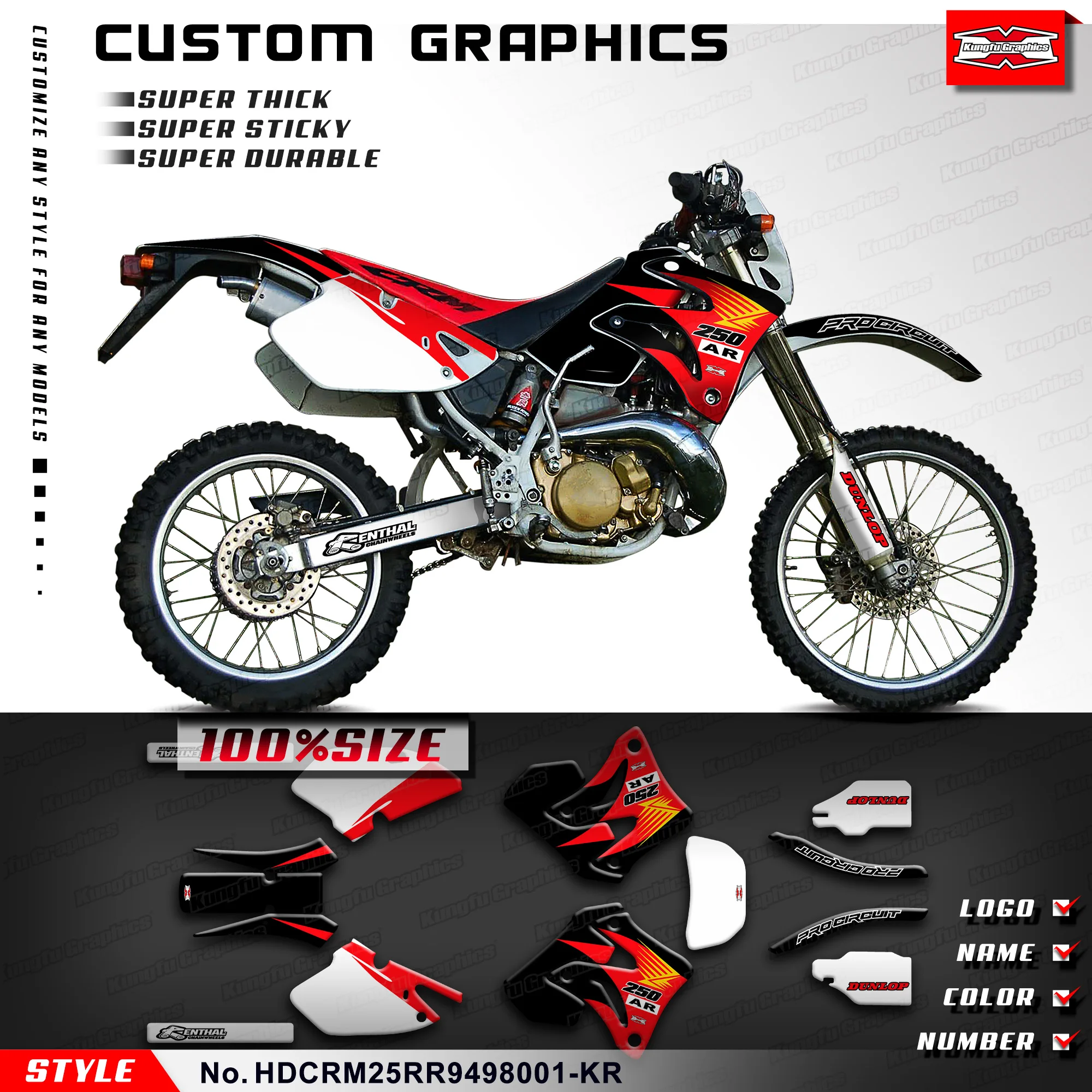 

KUNGFU GRAPHICS Dirt Bike Stickers MX Decal for Honda CRM250RR AR MK3 1994 1995 1996 1997 1998, HDCRM25RR9498001-KR