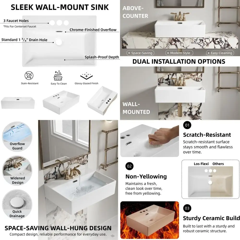 20 Wide x 14 Deep Wall-Mounted Modern White Ceramic Bathroom Sink with 3 Faucet Holes and Overflow