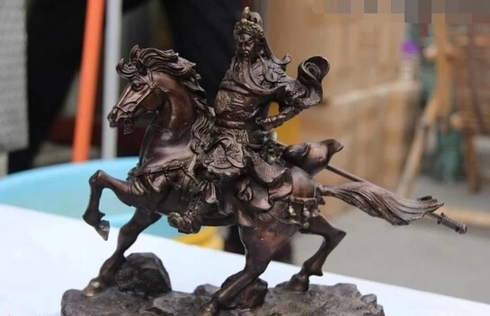 wholesale factory 9 China Red Copper Bronze Loyalism Guan Gong Warrior hold Sword On Horse Statue 25% off