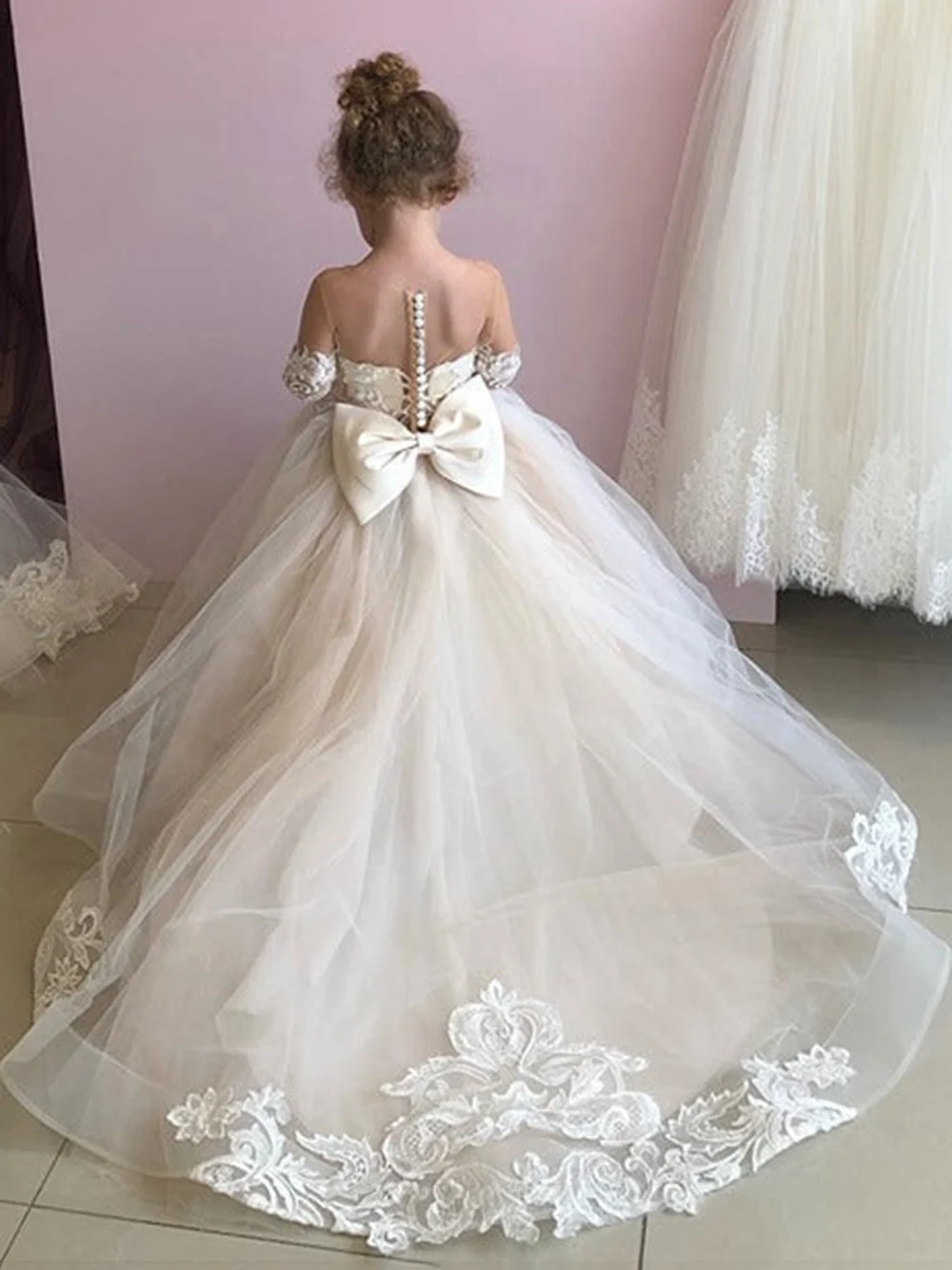 Puffy Flower Girl Dress Ivory Lace Baby Girl Dress Tulle Wedding Party Dress Cute Kids Child Birthday Dress Girl Party Dresses