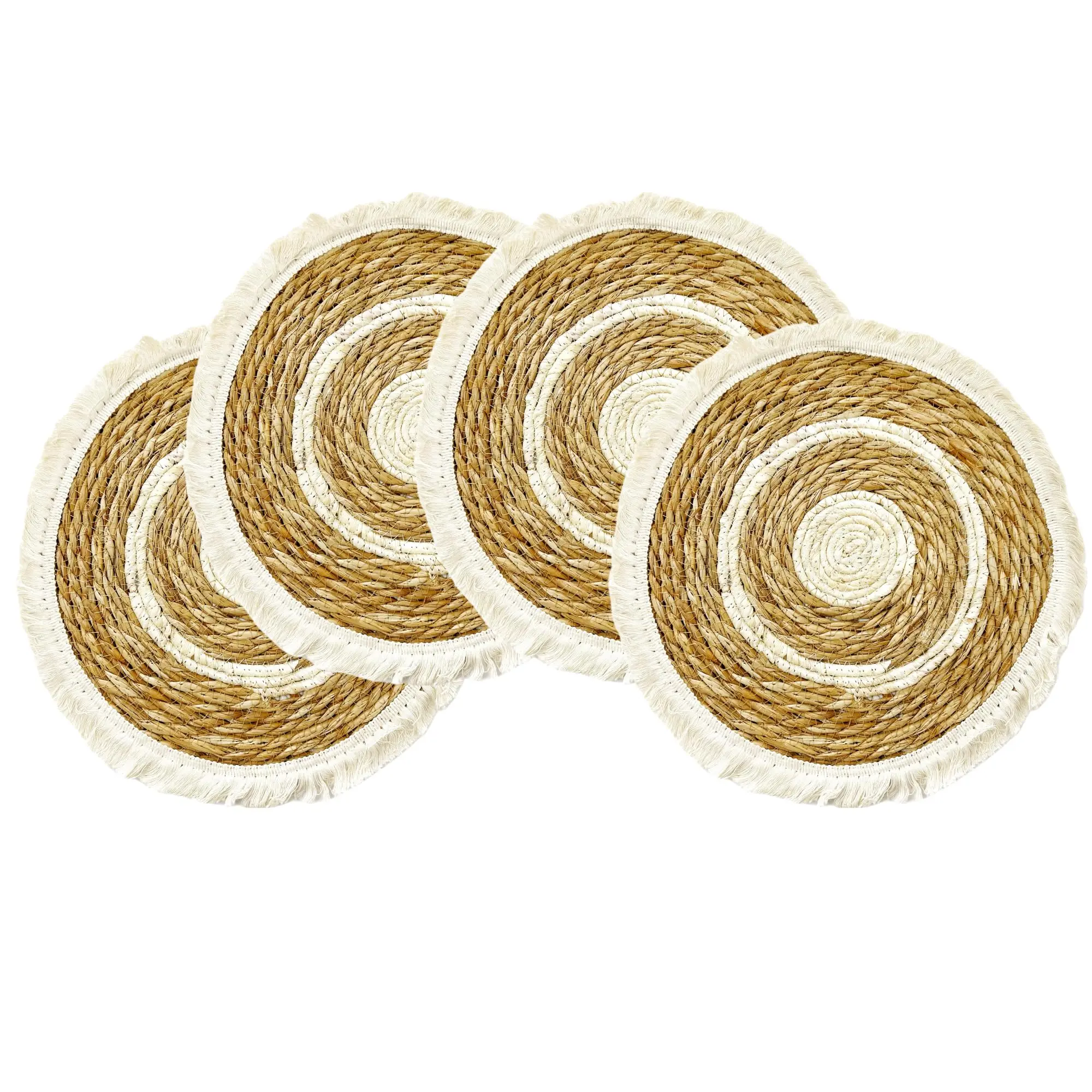 Hand-Woven Round Placemats Set of 4, Boho Natural Tassel Straw Table mats, Farmhouse Outdoor Table Decor,Non-Slip Heat Resistant