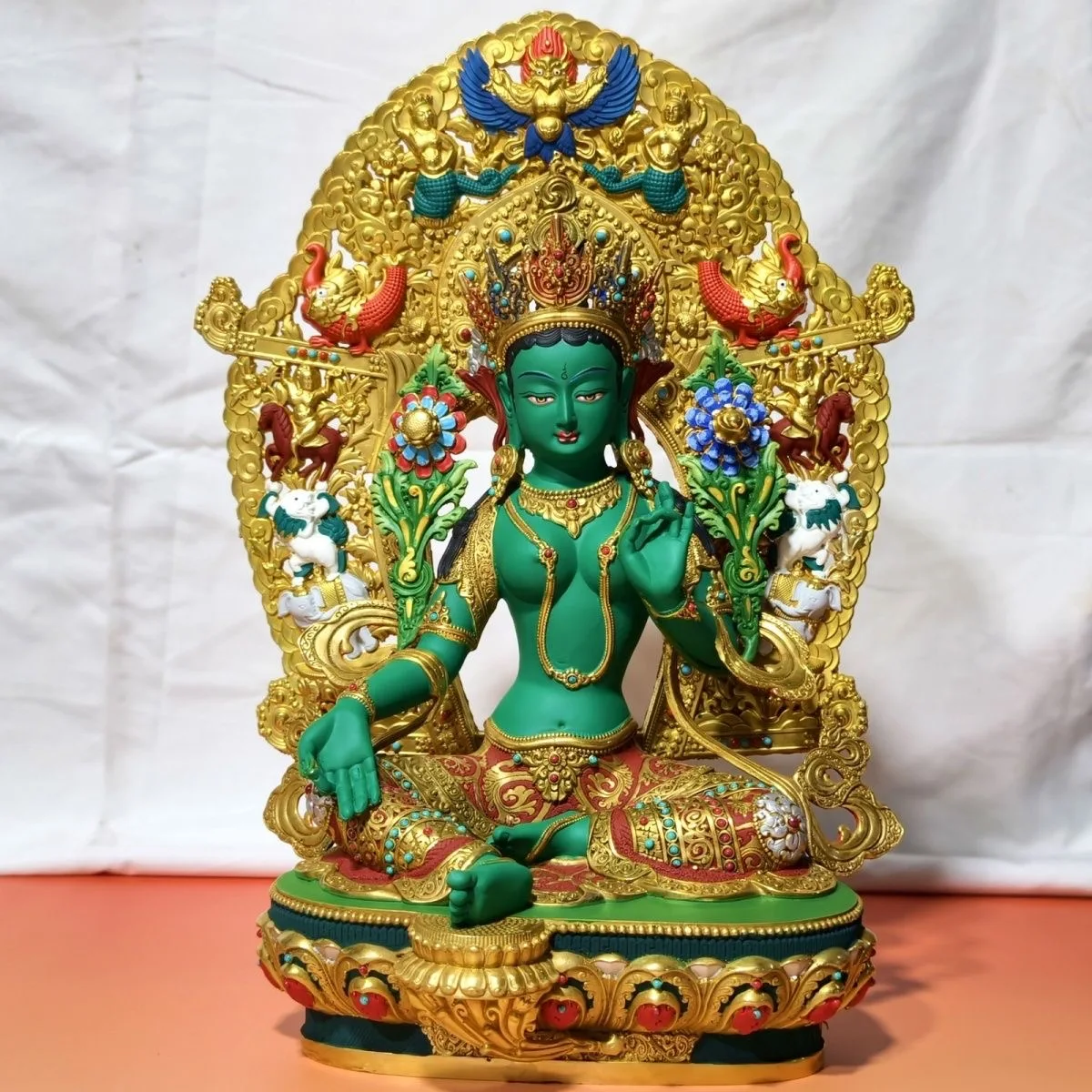 36CM Large Special offer Exquisite copper carving painted Buddha statue Buddha Mother GREEN TARA Buddhist family MONK worship