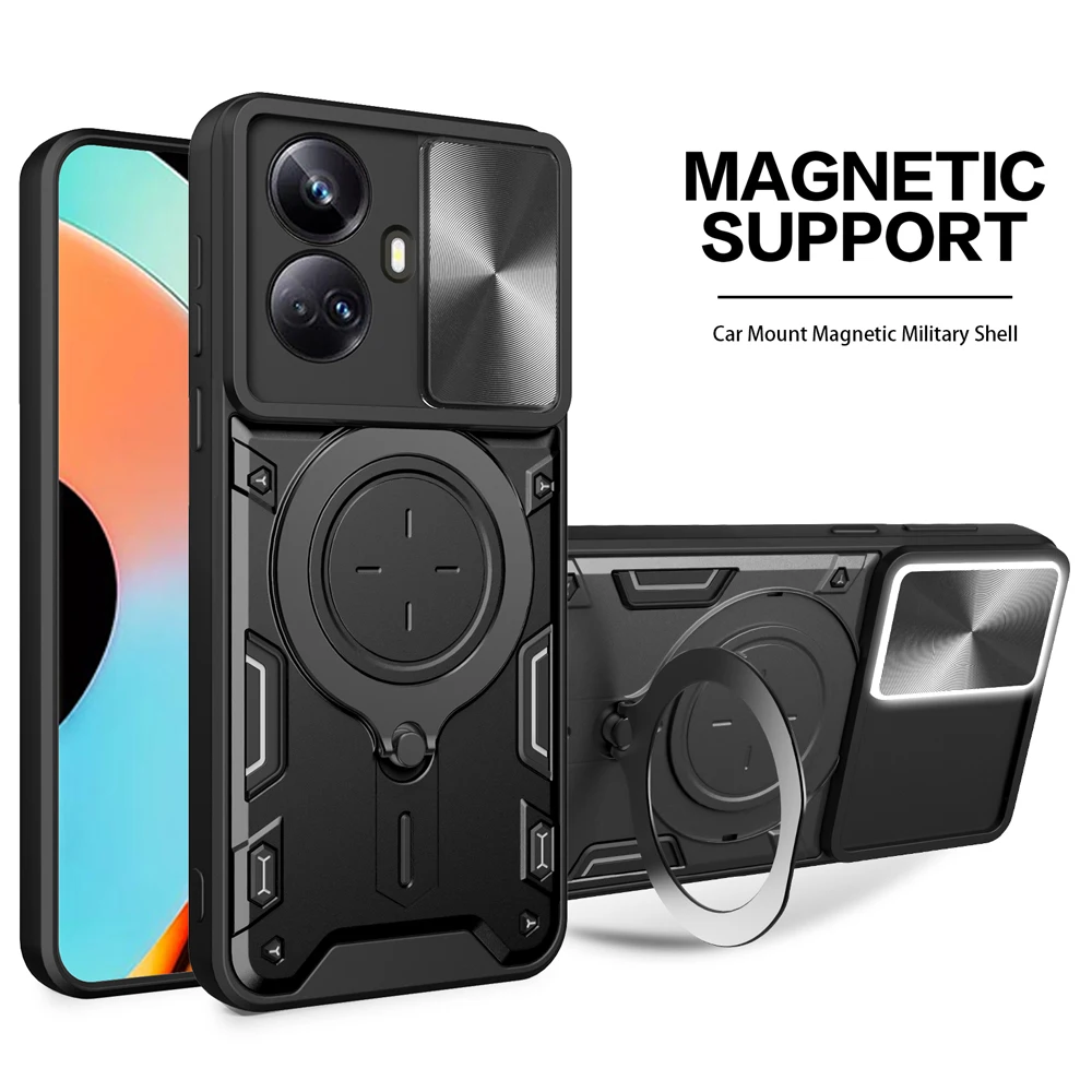 For Realme 8 9 Pro 10 11 11X 4G 5G Case Slide Lens Protect Magnetic Metal Ring Holder Armor Shockproof Protective cover