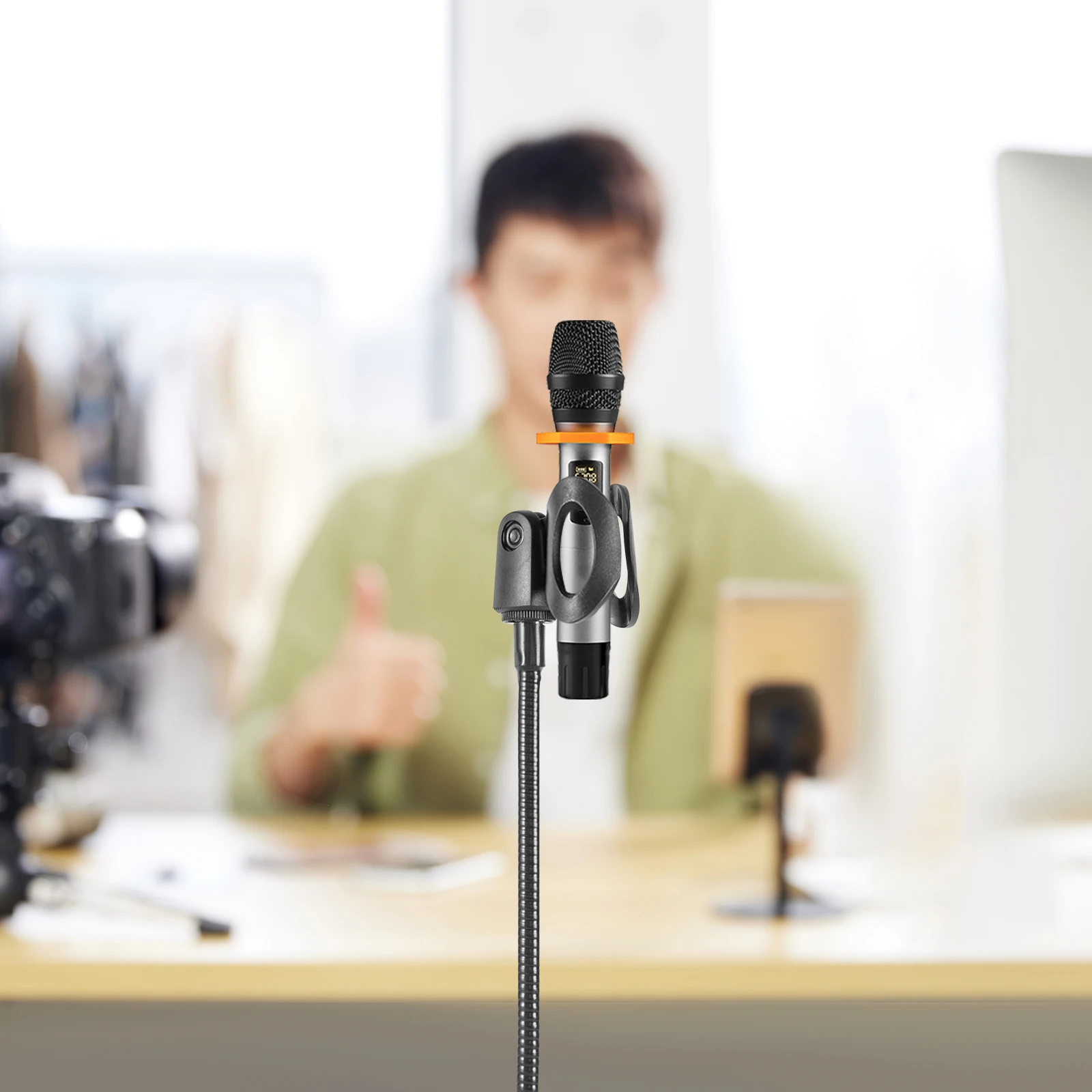 Adjustable Microphone Stand with Desk Clamp—13in Flexible Hose, Plum Knob(Tighten Easily), Fits Wired/Wireless Mics, Saves Space