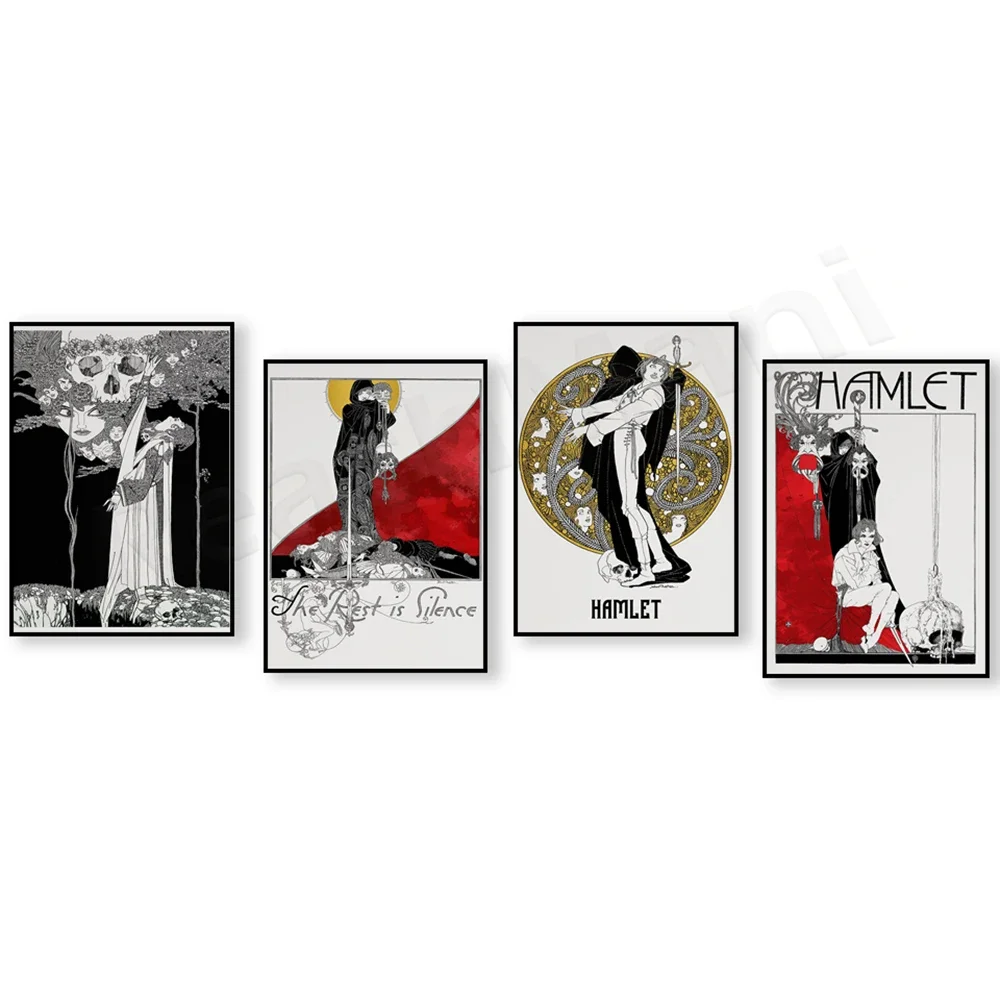 John Austin Hamlet illustration, red final scene, rest of silent art exhibition poster, home wall decor, skull print