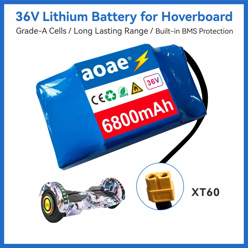 36V Lithium-Ion Battery 12Ah 18650 Grade-A Cells, Built-in BMS, XT60 Connector for Self-Balancing Scooter Hoverboard Unicycle
