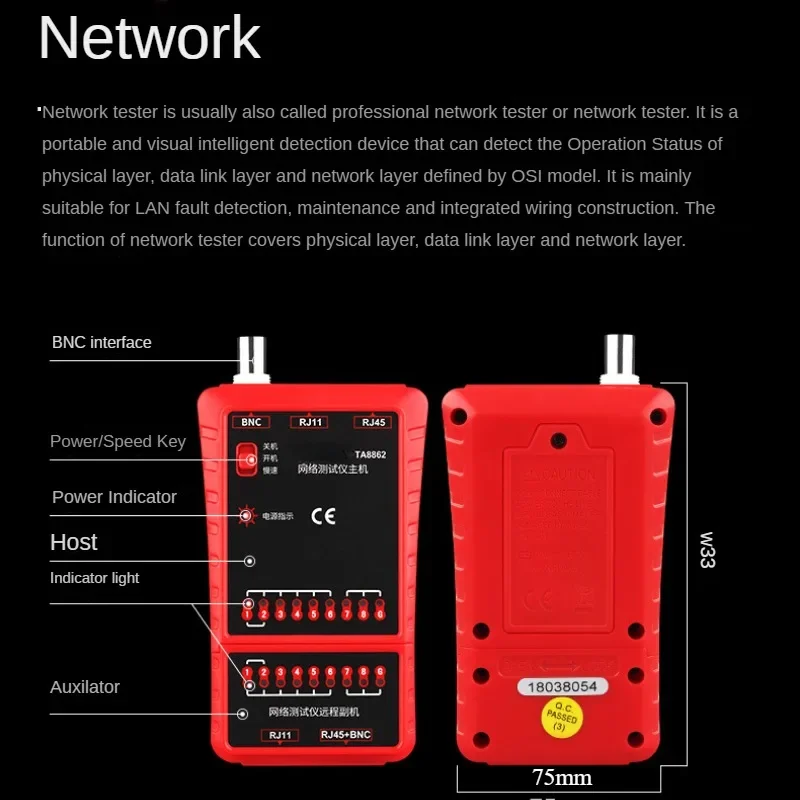 Rede Cable Tester, Linha Telefônica, BNC, RJ11, RJ45, TA8862