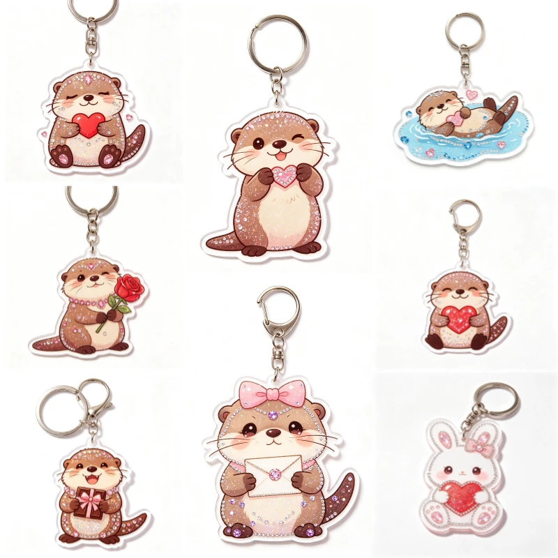 New Valentine's Day Sparkling Diamond Otter Acrylic Keychain Rose Love Couple Backpack Keyring Hanging Decoration Pendant Gifts