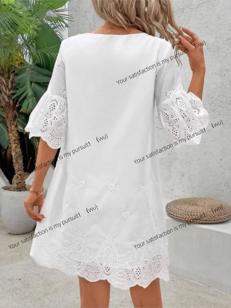 ZOCI-Fashion Casual Lace V-Neck Short Sleeve Dress New Hollow Elegant Casual White Party Dress Women's Summer Robe