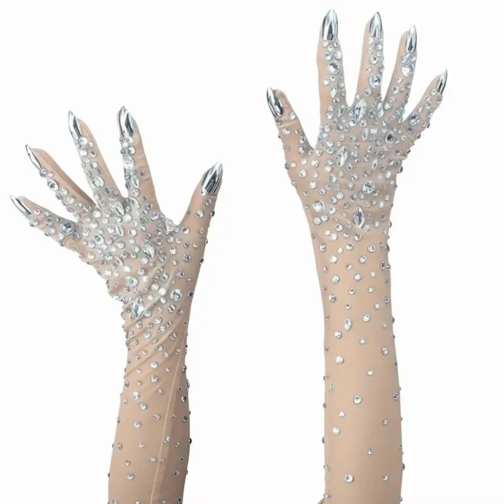 Elegant Sparkling Rhinestone Gloves Stretch Luxurious Crystal Mesh Gloves Thin Full-Finger Perspective Gloves Women